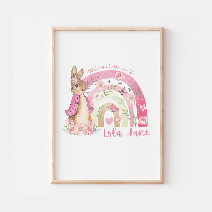 Peter Rabbit Pink Rainbow Personalised Newborn Nursery Print