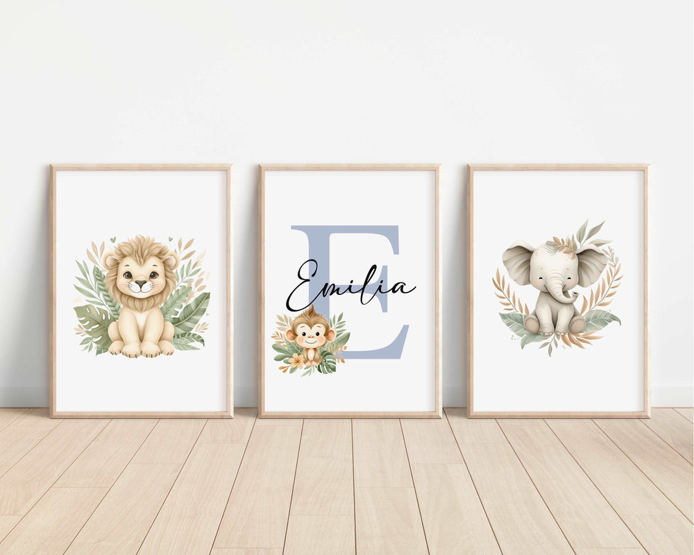 SET OF 3 Safari Animals Personalised Bedroom Prints