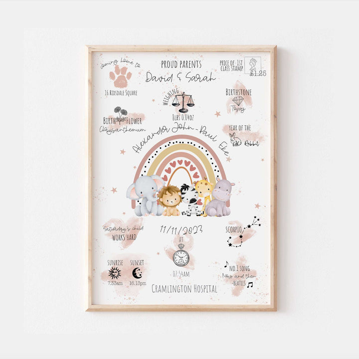 Safari Animals Rainbow Personalised The Day You Were Born Nursery Print