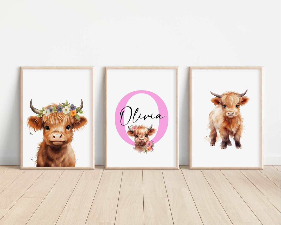 SET OF 3 Highland Cows Personalised Bedroom Prints