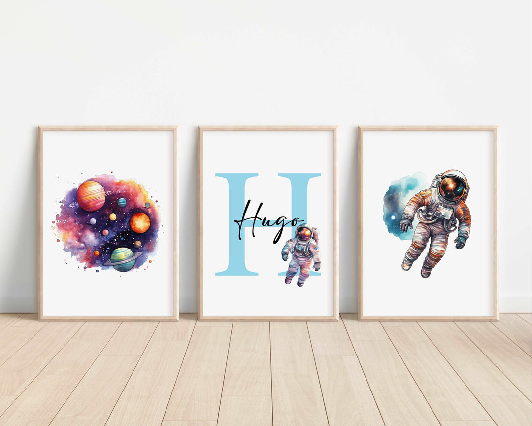 SET OF 3 Space Astronaut Planets Personalised Bedroom Prints