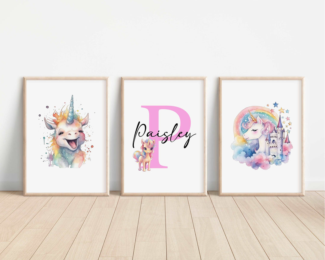 SET OF 3 Magical Unicorn Horses Personalised Bedroom Prints