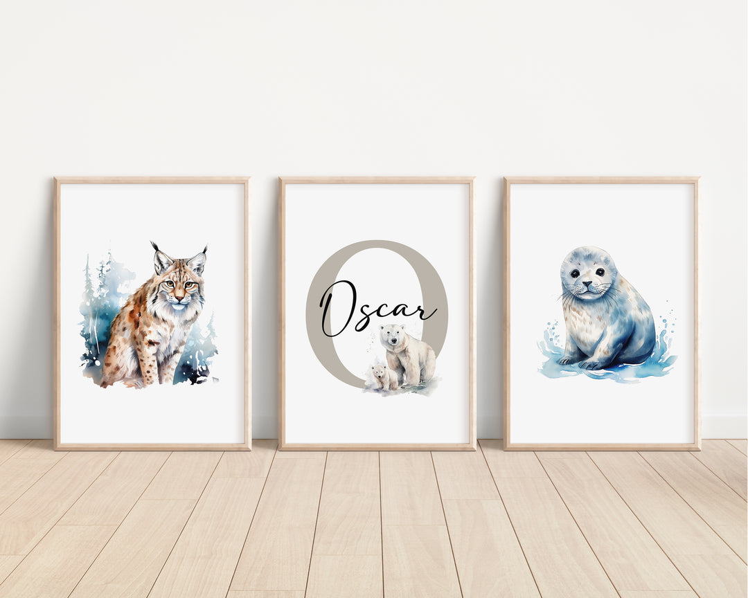 SET OF 3 Arctic Animals Personalised Bedroom Prints