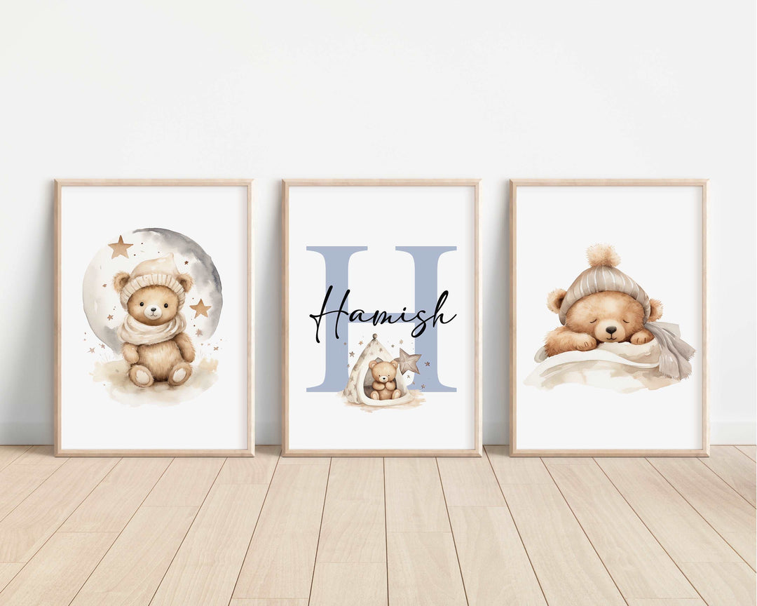 SET OF 3 Teddy Bear Personalised Bedroom Prints