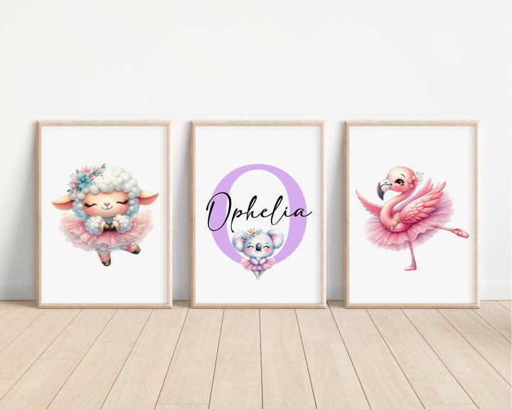 SET OF 3 Ballerina Animals Personalised Bedroom Prints