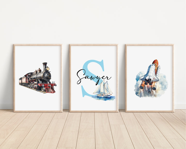 SET OF 3 Transport Kids Personalised Bedroom Prints