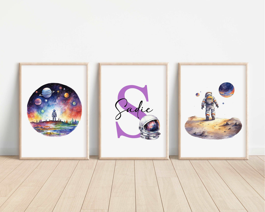 SET OF 3 Space Astronaut Planets Personalised Bedroom Prints