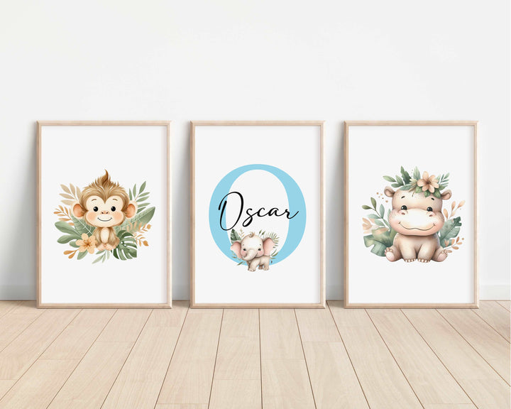 SET OF 3 Safari Animals Personalised Bedroom Prints