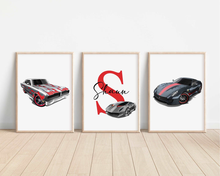 SET OF 3 Hot Wheels Cars Personalised Bedroom Prints