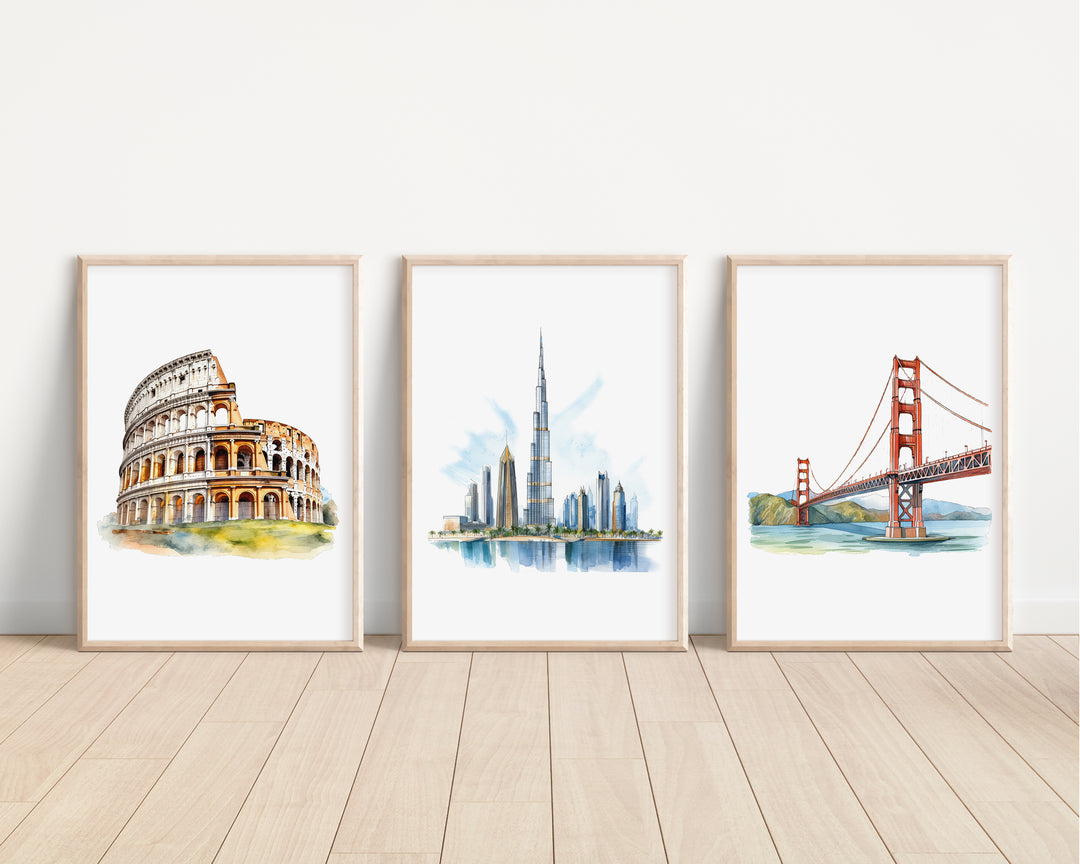 SET OF 3 Landmark Travel Home Decor Prints