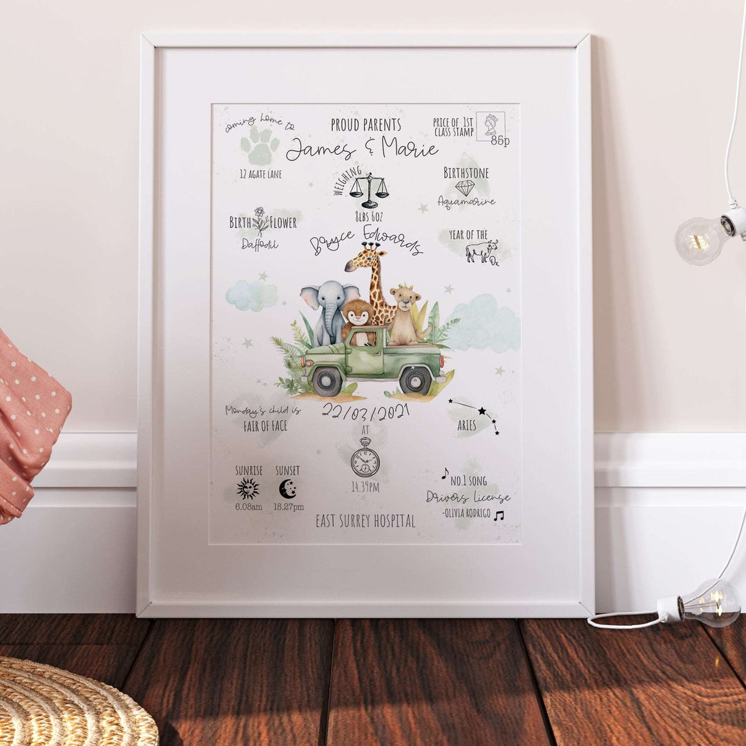 Safari Animals Personalised The Day You Were Born Nursery Birth Print