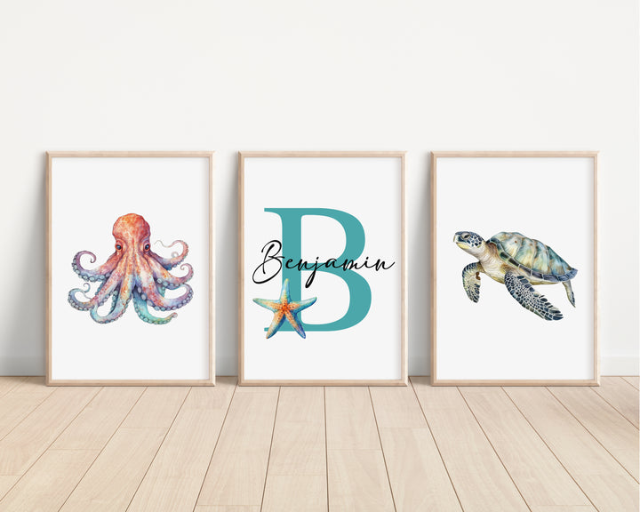 SET OF 3 Ocean Sea Animals Personalised Bedroom Prints