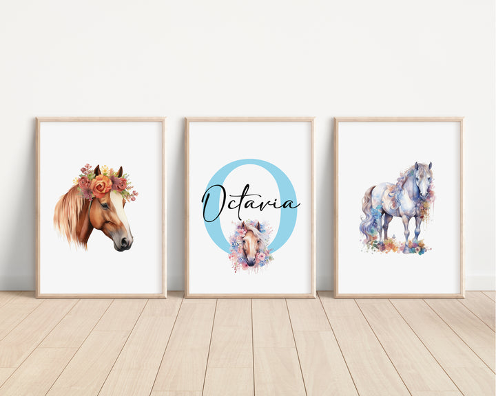 SET OF 3 Floral Horses Personalised Bedroom Prints