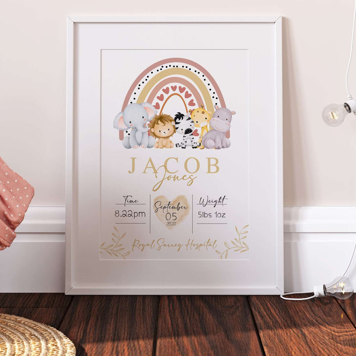 Safari Animals Rainbow Personalised The Day You Were Born Bedroom Print