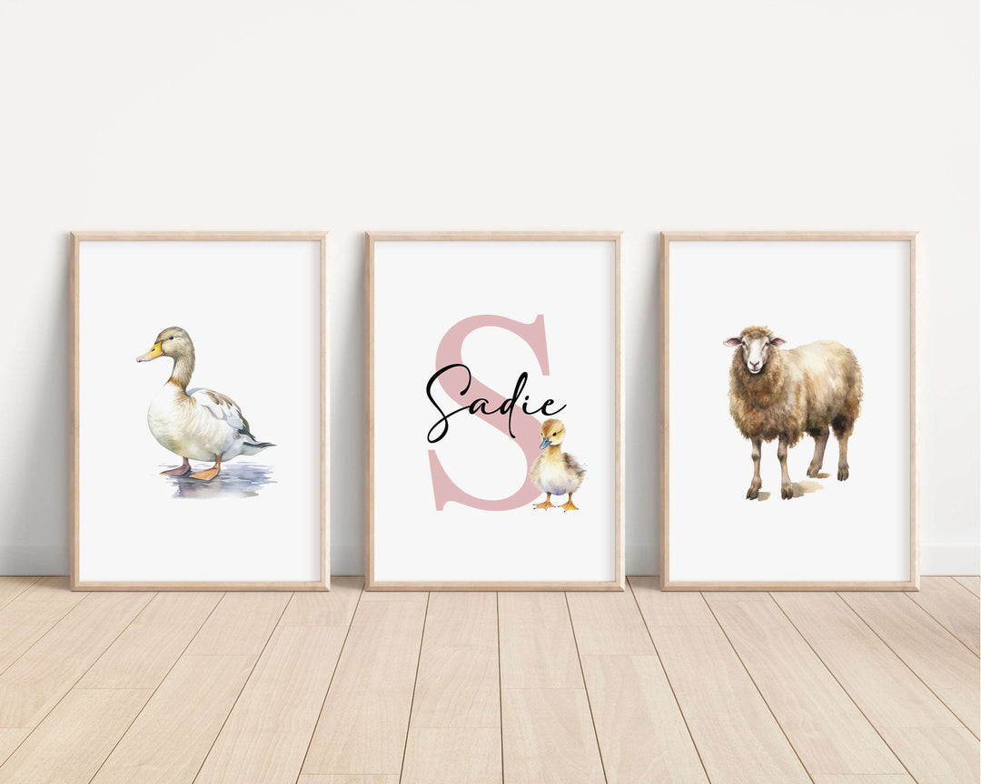 SET OF 3 Farm Animals Personalised Bedroom Prints