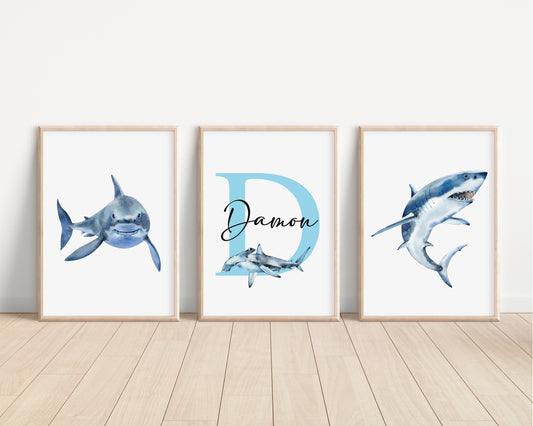 SET OF 3 Sharks Personalised Prints
