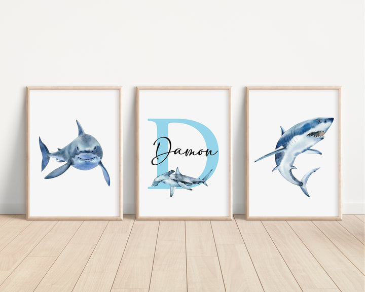 SET OF 3 Sharks Personalised Prints