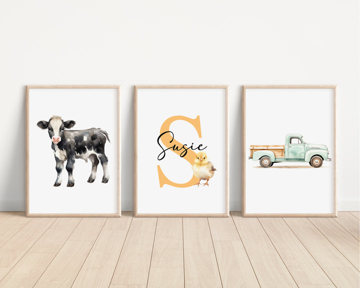 SET OF 3 Cute Farm Animals Personalised Bedroom Prints