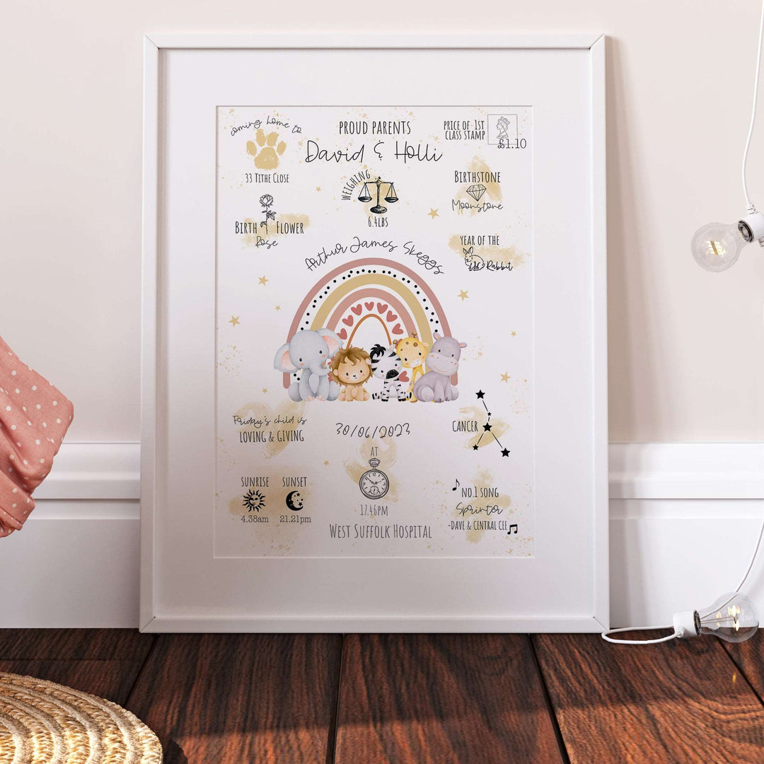 Safari Animals Rainbow Personalised The Day You Were Born Nursery Print