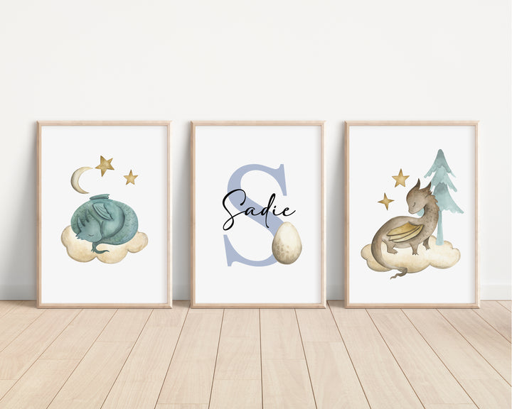 SET OF 3 Baby Dragon Personalised Bedroom Prints