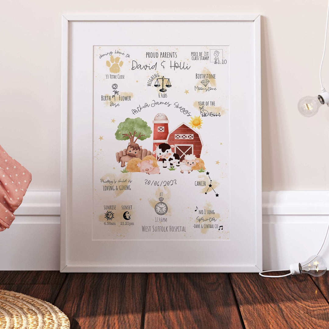 Farm Animals Personalised The Day You Were Born Birth Print