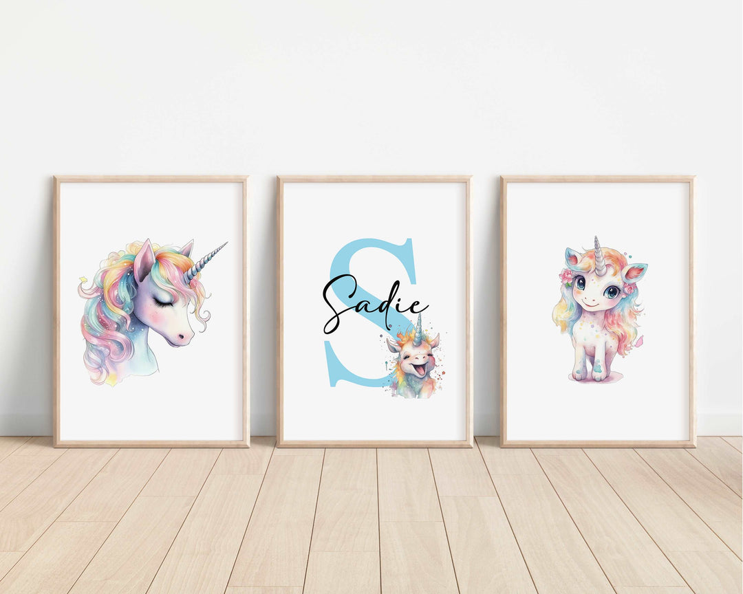 SET OF 3 Magical Unicorn Horses Personalised Bedroom Prints