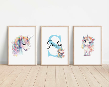 SET OF 3 Magical Unicorn Horses Personalised Bedroom Prints
