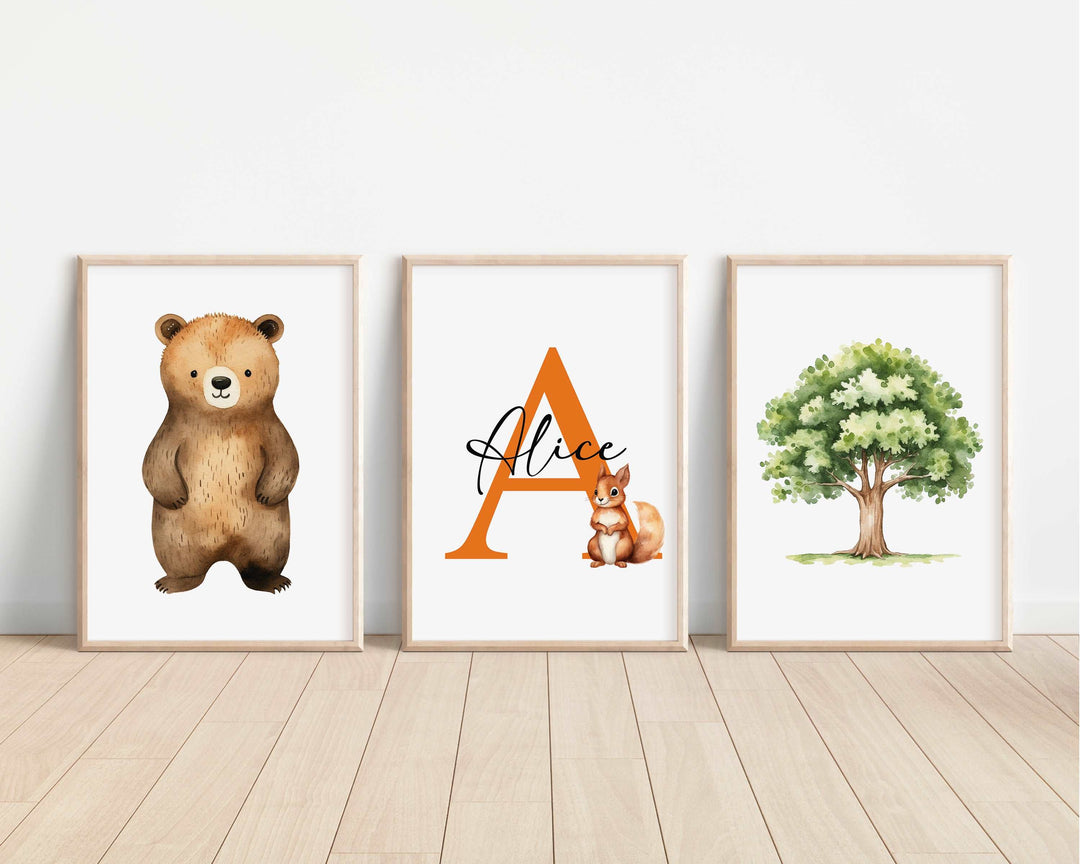 SET OF 3 Woodland Animals Personalised Bedroom Prints