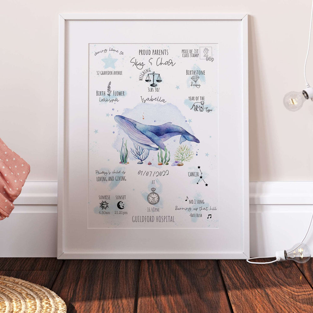 Ocean Humpback Whale Personalised The Day You Were Born Nursery Print