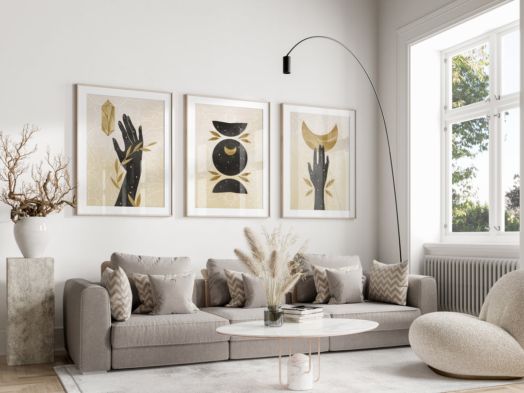 SET OF 3 Black and Gold Boho Abstract Home Prints