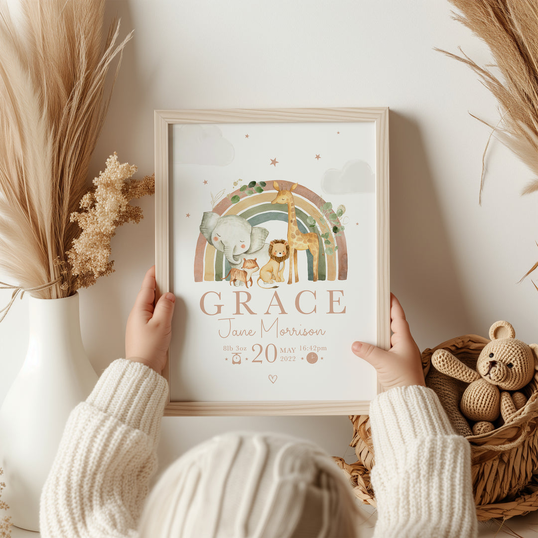 Safari Animals Rainbow Personalised The Day You Were Born Nursery Print