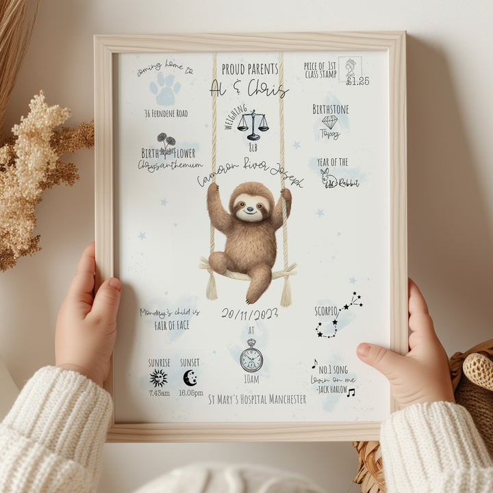 Personalised The Day You Were Born Swinging Sloth Birth Print