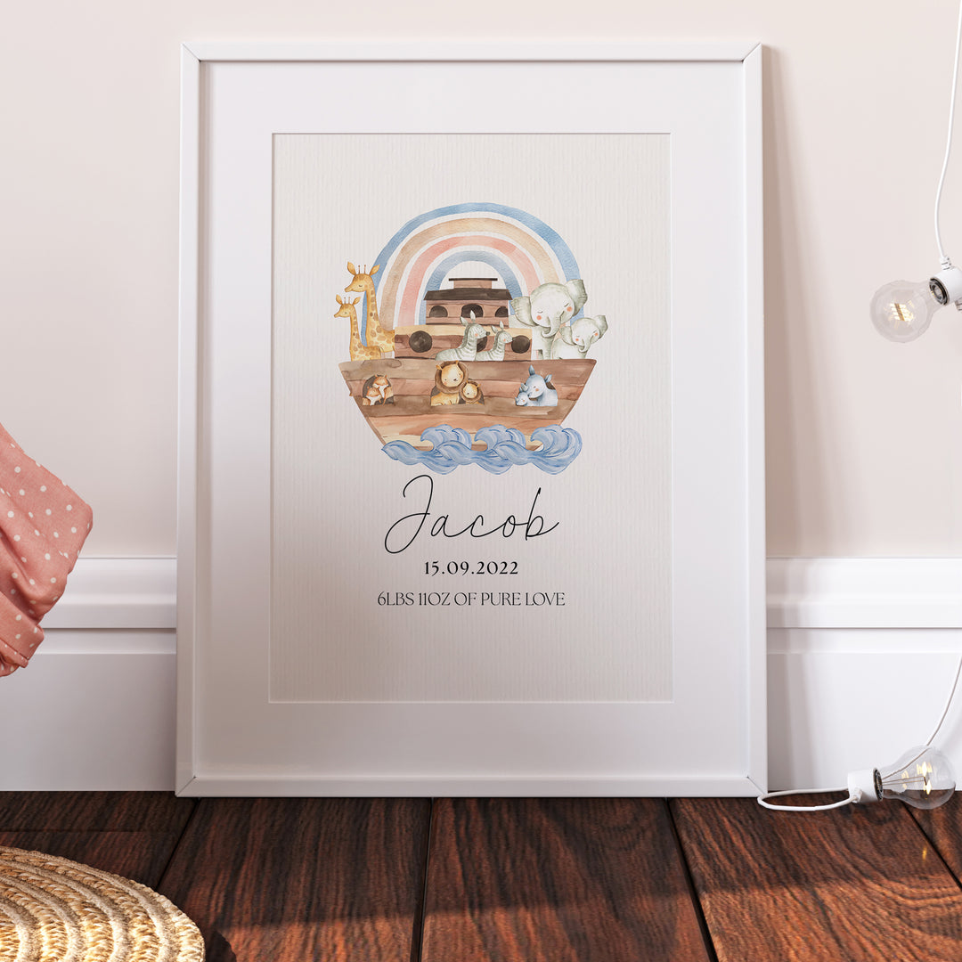 Noahs Ark Rainbow Personalised Print, Kids Christening Decor