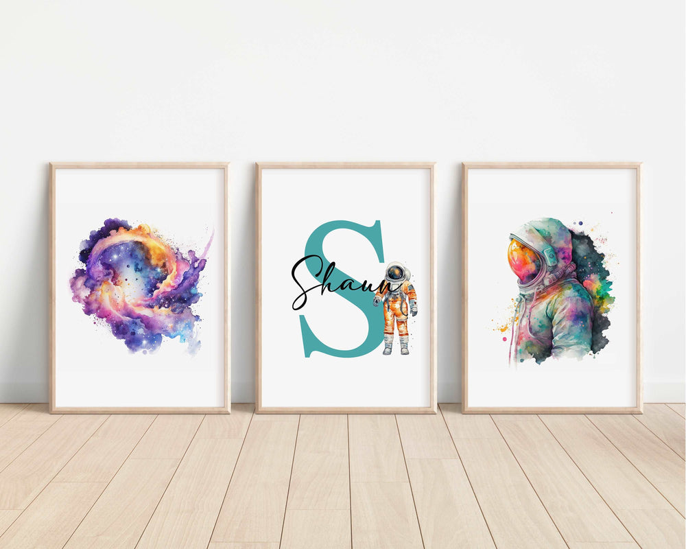 SET OF 3 Space Astronaut Planets Personalised Bedroom Prints