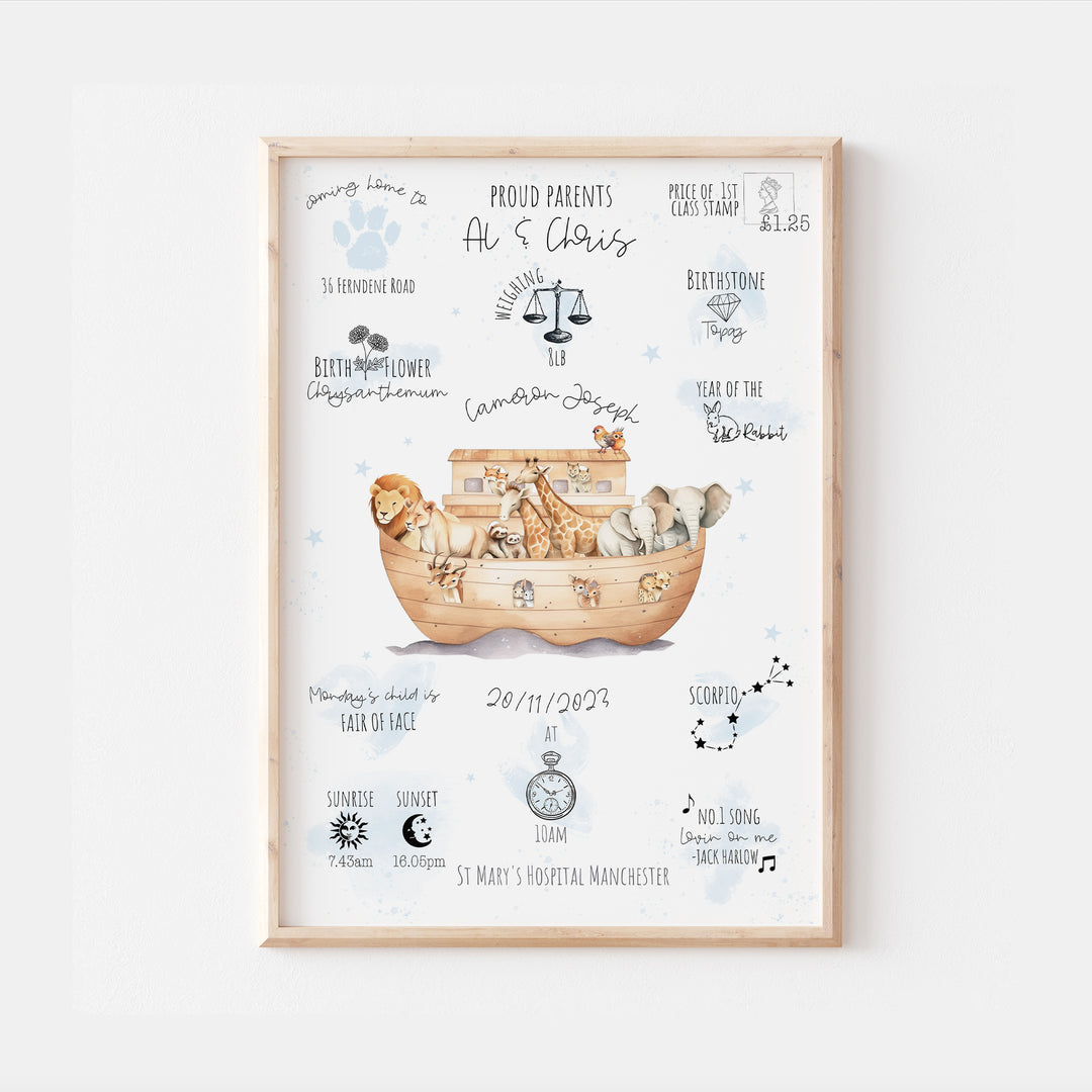 Noah's Ark Personalised The Day You Were Born Christening Birth Print