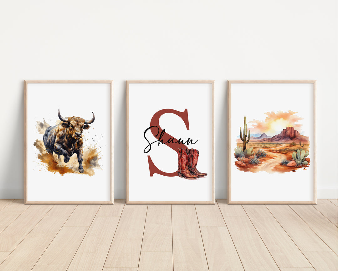 SET OF 3 Western Cowboy Personalised Bedroom Prints