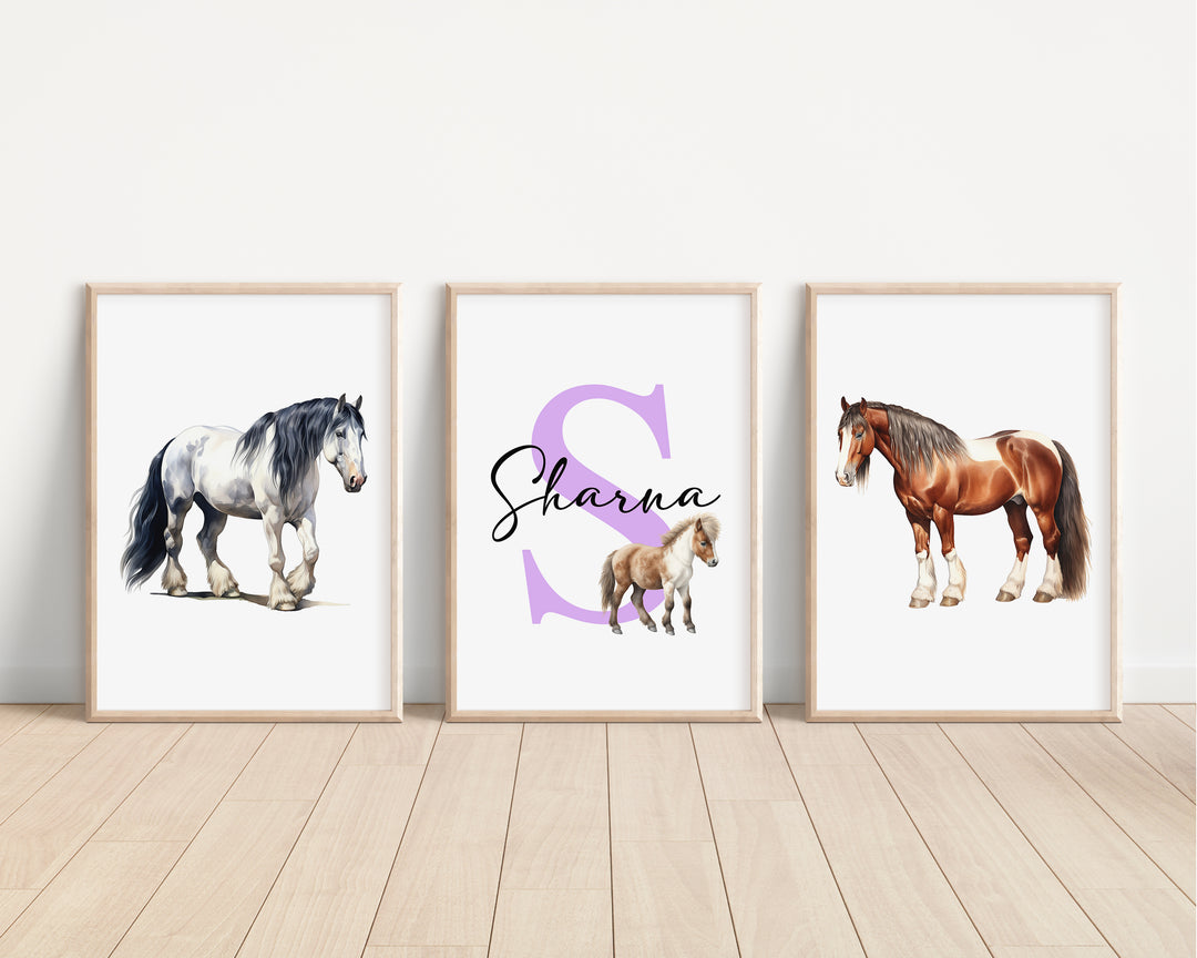 SET OF 3 Horses Pony Personalised Bedroom Prints