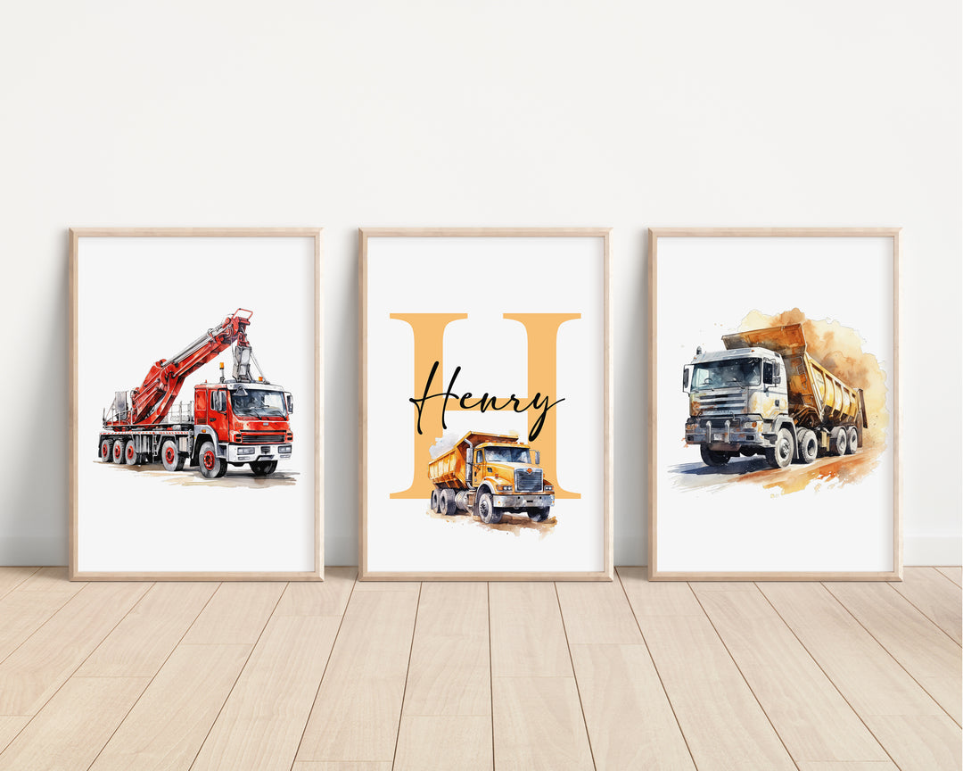 SET OF 3 Construction Trucks Diggers Personalised Bedroom Prints