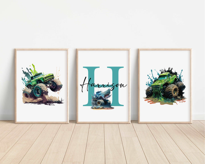 SET OF 3 Monster Truck Personalised Bedroom Prints