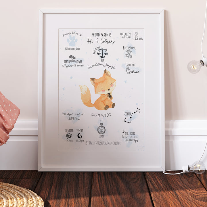 Personalised The Day You Were Born Baby Fox Birth Print