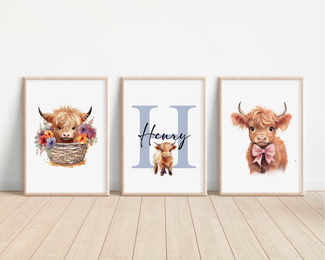 SET OF 3 Highland Cows Personalised Bedroom Prints