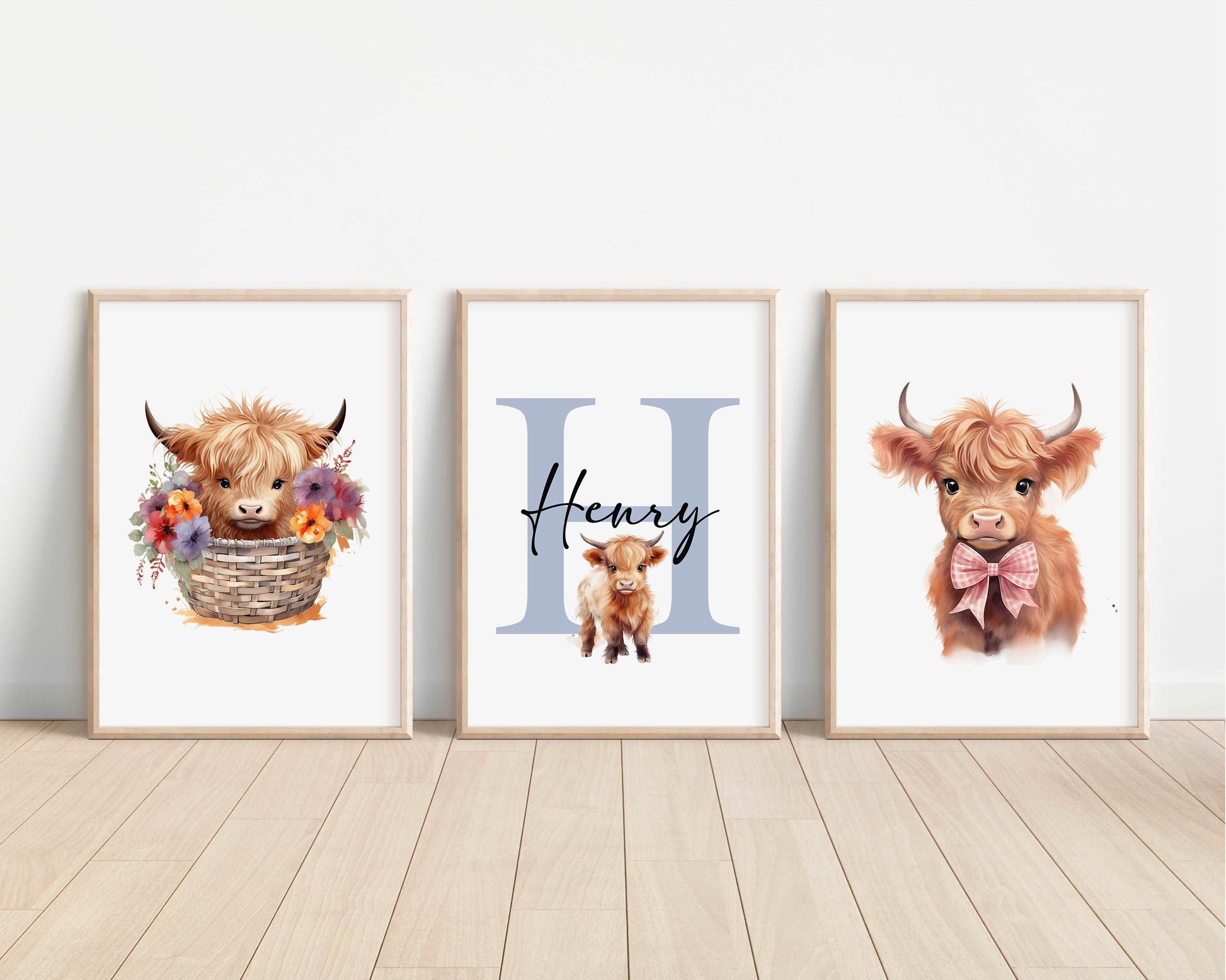SET OF 3 Highland Cows Personalised Bedroom Prints