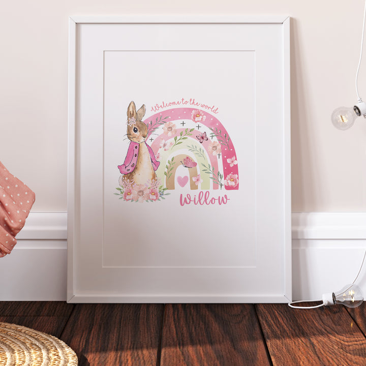 Peter Rabbit Pink Rainbow Personalised Newborn Nursery Print