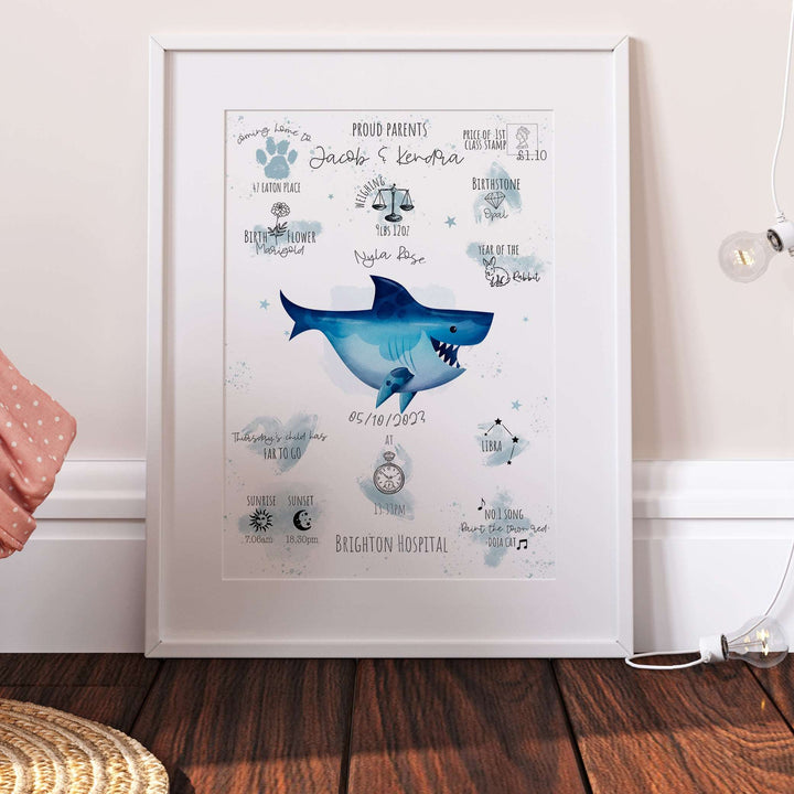 Great White Shark Ocean Personalised The Day You Were Born Nursery Print