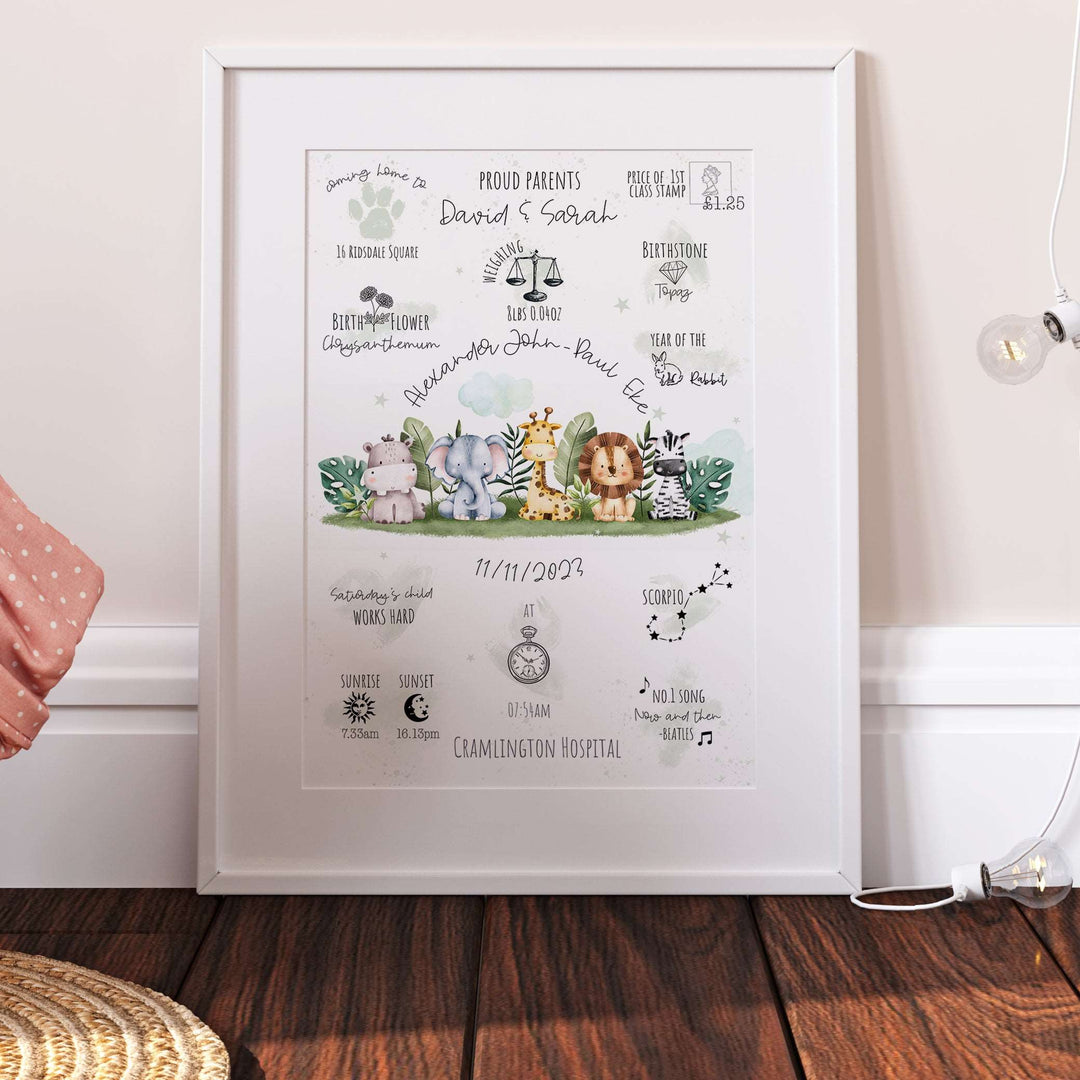 Safari Animals Personalised The Day You Were Born Nursery Birth Print