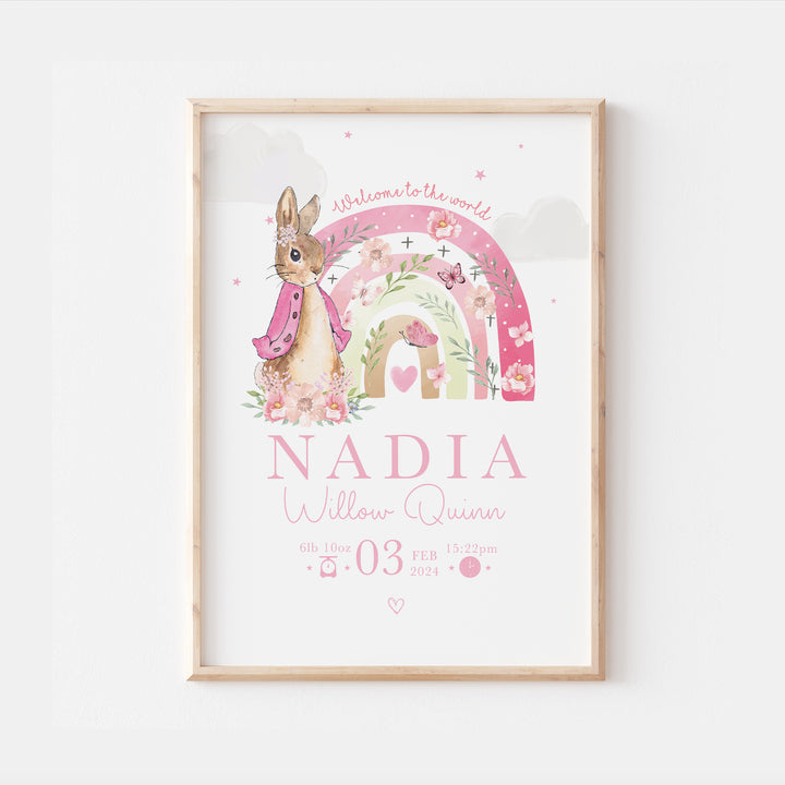 Peter Rabbit Pink Rainbow Personalised Newborn Nursery Print