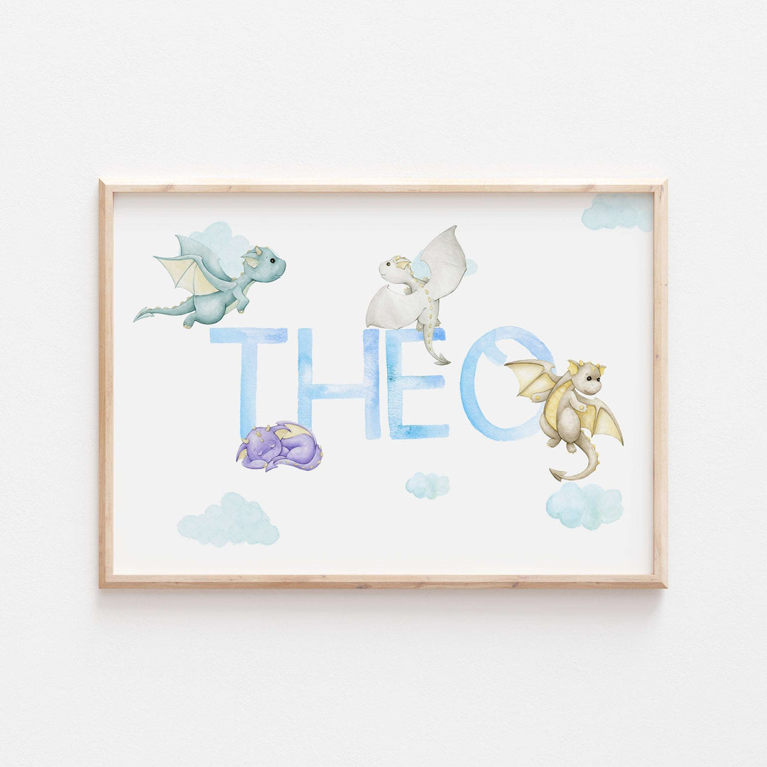 Dragons Watercolour Personalised Bedroom Print