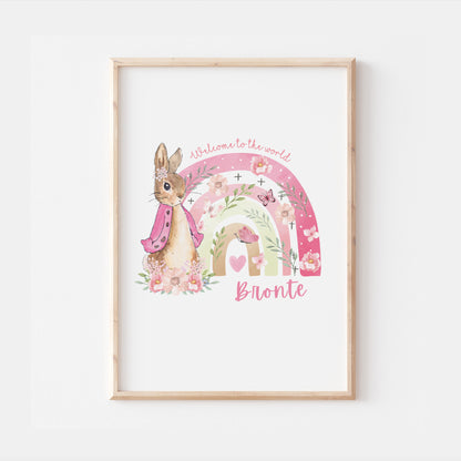 Peter Rabbit Pink Rainbow Personalised Newborn Nursery Print