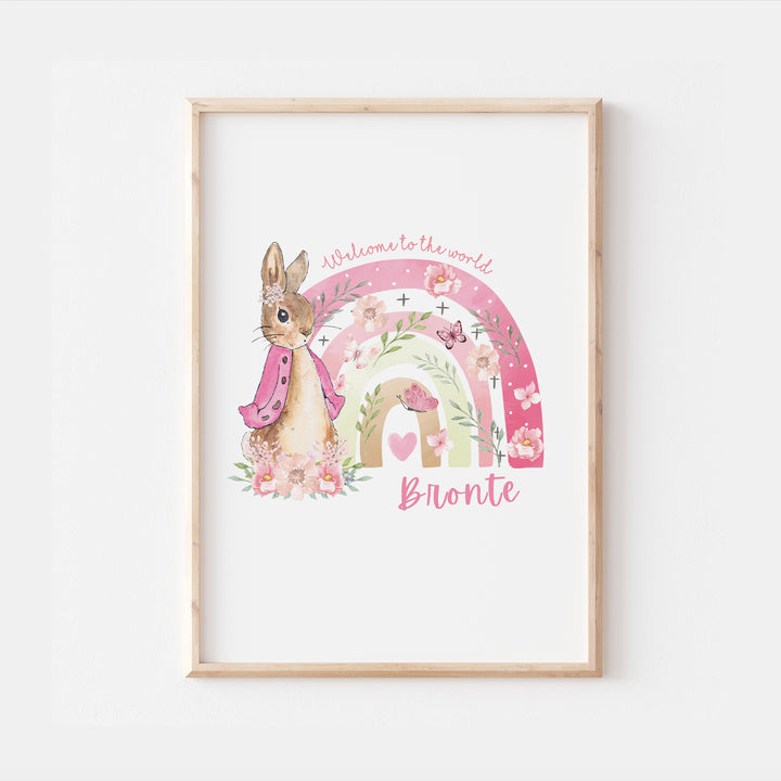 Peter Rabbit Pink Rainbow Personalised Newborn Nursery Print