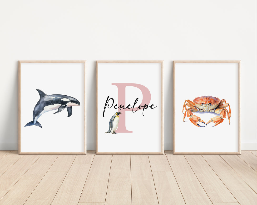 SET OF 3 Ocean Sea Animals Personalised Bedroom Prints